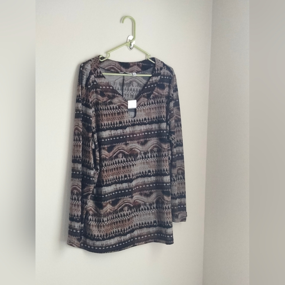Notations Blouse Women 3X Brown and Black Bohemian Aztec Artsy Academia Casual